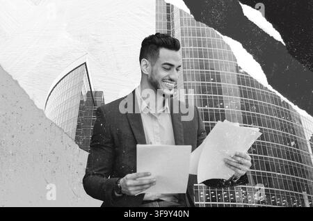 Smiling Middle Eastern Man In Suit Reviewing Documents At Office, Business Concept Stock Photo