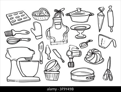 Set of pastry accessories. Pudding silicone cupcake molds mixer spatula whisk scissors cake stands pastry bag. Vector illustration Stock Vector