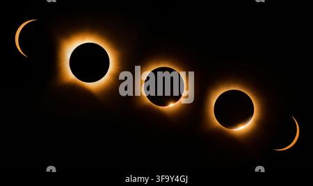 Solar eclipse sequence displaying the moon passing in front of the sun, creating the corona, diamond ring, and Baily's beads effect on a dark backgrou Stock Photo