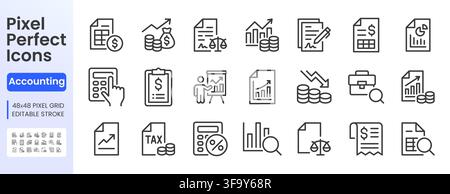 Accounting line icon set. Tax, financial report, calculator, audit, invoice, balance sheet and analytics linear minimal vector illustration. Simple Stock Vector
