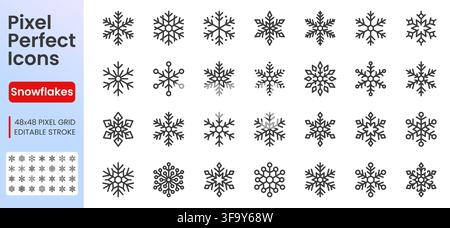 Snowflakes line icon set. Winter snow fall, Christmas decoration element, New Year ice crystal, frozen linear minimal vector illustration. Simple Stock Vector