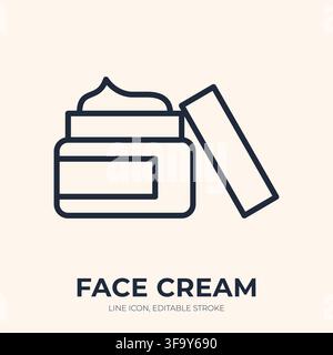 Face cream line icon. Skincare moisturizer linear vector illustration. Thin sign of open cosmetic jar beside lid for beauty, hydration, dermatology Stock Vector