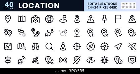 Location Navigation line icon set. Map GPS pin, route, compass, satellite, trip direction pictogram minimal vector illustration. Simple bold outline Stock Vector