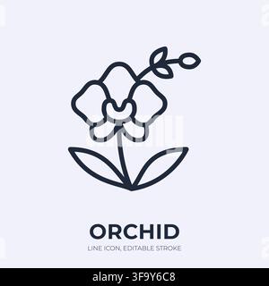 Orchid line icon. Tropical flower linear vector illustration. Thin sign of blooming phalaenopsis with leaves, stem, buds for botany, gardening Stock Vector
