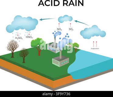 Acid Rain Formation Showing Industrial Pollution Sulfur Dioxide Nitrogen Oxides and Rainfall Stock Vector