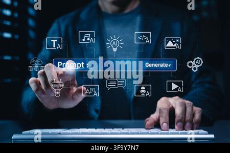 AI prompt and generative content creation concept. Person using laptop with prompt, generate, and multimodal AI icons, representing text, image, audio Stock Photo