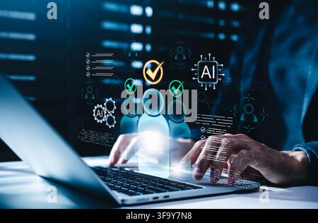 AI customer segmentation and predictive CRM analytics concept. customer profiles with check marks, AI icons, partner data, and lists Stock Photo