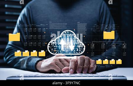 Cloud data management and file synchronization interface shows secure upload, download, document storage and digital workflow as uses connected folder Stock Photo