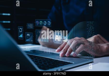 Artificial intelligence data analytics concept. Professional using laptop with dashboard, machine learning charts, real time data processing to genera Stock Photo