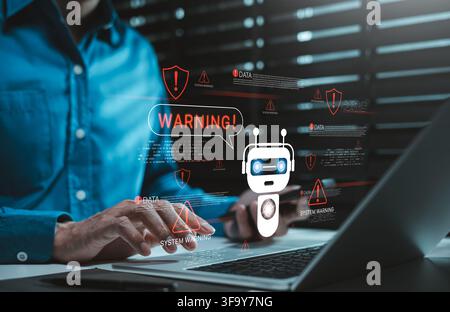 AI cybersecurity warning concept. Person using laptop with chatbot detects system threats, data breach alerts, malware risks, network errors, digital Stock Photo