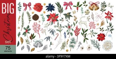Christmas Elements Isolated Big Set with Poinsettias Bows Bells Botanical Holiday Clipart Collection Stock Vector