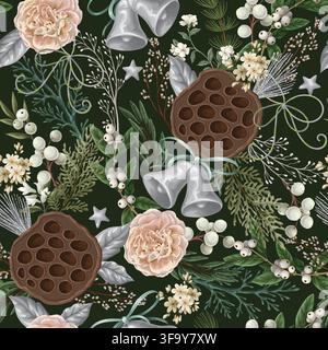 Christmas Seamless Botanical Pattern with Bells Flowers Berries Lotus Pods Elegant Holiday Print Stock Vector
