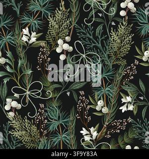 Christmas Seamless Botanical Pattern with Winter Greenery Berries Branches Ribbons and Holiday Foliage Stock Vector