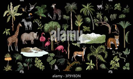 Jungle Tropical Animals Isolated Collection with Safari Wildlife Botanical Elements for Mural Design Stock Vector