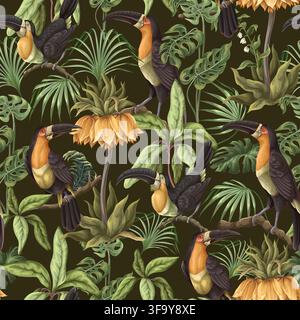 Jungle Toucans Seamless Pattern with Tropical Foliage Exotic Birds and Botanical Floral Elements Stock Vector