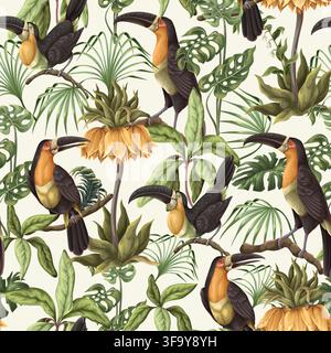 Jungle Toucans Seamless Pattern with Tropical Foliage Exotic Birds and Botanical Floral Elements Stock Vector