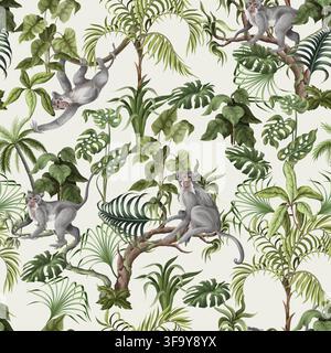 Jungle Monkeys Seamless Pattern with Tropical Leaves Exotic Wildlife and Botanical Forest Branches Stock Vector