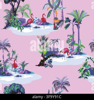 Jungle Flamingos Seamless Pattern with Tropical Palms Exotic Wetland Botanical Islands Birds Design Stock Vector