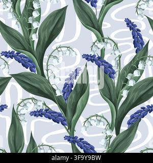 Seamless Flowers Pattern with Lily of the Valley Muscari and Abstract Curves Background Stock Vector