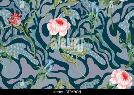 Seamless Flowers Pattern with Organic Curves Botanical Stems and Elegant Abstract Floral Background Stock Vector