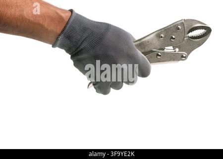 Worker hand in grey glove holding heavy duty steel locking pliers isolated on white background space Stock Photo