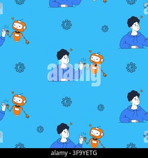 AI Human High Five Seamless Pattern On Blue Background. Friendly Robot Chatbot Assistant Artificial Intelligence Synergy Concept Texture. Cute Bot Par Stock Vector