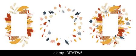 Set of three autumn frame templates including rectangular foliage borders and circular wreath with copy space. Modern seasonal botanical frame bundle Stock Vector