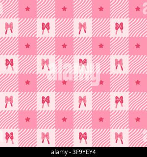 Seamless pink checkerboard pattern with wavy stripes and stars. Cute pastel coquette grid background illustration Stock Vector