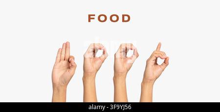 Deaf alphabet lettering "Food" by hand. The letter "Food" in sign language, isolated on a white background. People's hands were raised upwards Stock Photo