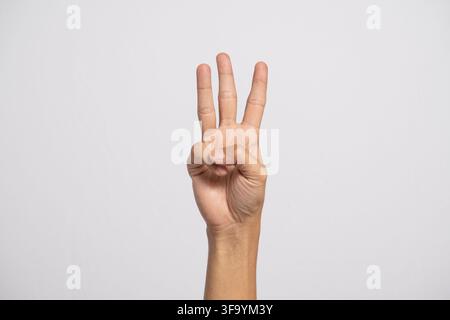 Deaf alphabet letter W by hand. Letter 'W' in sign language, isolated on a white background. Hand gestures. hearing impairment. Stock Photo