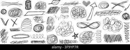Pen doodles and scribbles form chaotic handwritten textures vector illustration set. Stock Vector