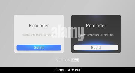 Modern UI Reminder Pop-up Box with Light and Dark Themes. Design for mobile or web app notification concept. Vector illustration Stock Vector