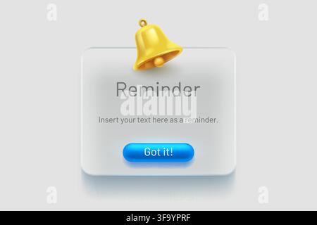 Modern Reminder Notification Pop-up. User interface element with golden bell and Got it button. Vector illustration. Stock Vector