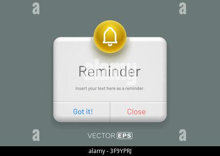 Modern reminder notification pop-up. User interface alert message with bell icon. Vector illustration Stock Vector