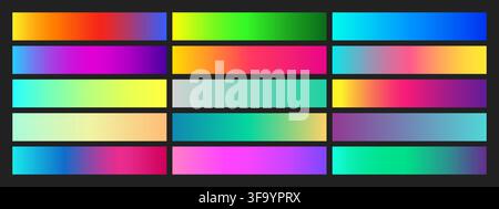Metallic holographic rainbow gradient swatch texture showcase vibrant pastel palette shimmer vector illustration set. Stock Vector