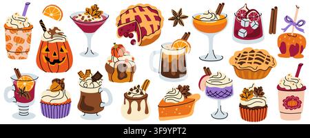 Cozy autumn drinks and sweet desserts doodle vector set for seasonal menu design Stock Vector