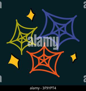 Halloween spider web and stars doodle vector illustration for festive card design Stock Vector