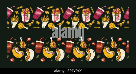 Fast food seamless borders set on dark background hand drawn vector Stock Vector
