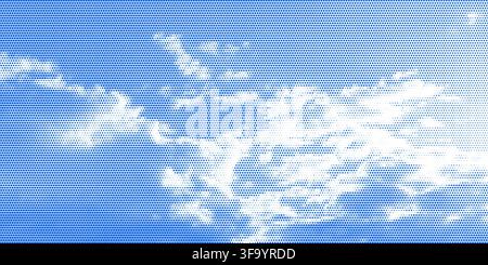 Halftone cloud sky on blue backdrop with pixelated texture vector illustration background. Stock Vector
