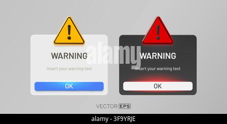 Warning pop-up window for user interface in light and dark mode, with attention sign and OK button. Vector illustration. Stock Vector