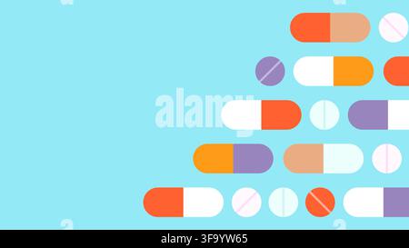 Medical flat illustration featuring various pills, tablets, and capsules arranged as a decorative background. Suitable for healthcare, pharmacy, medic Stock Vector