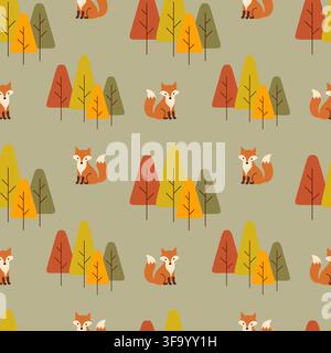 Seamless pattern with cute fox in autumn forest. Vector background with small woodland animals and stylized trees. Fabric print for nursery, wallpaper Stock Vector