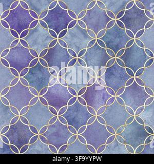 Elegant seamless geometric pattern with interlocking golden circles over a textured watercolor background in lavender, periwinkle and soft blue. A dre Stock Photo
