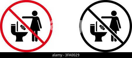 No Sanitary Products Disposal In Toilet Prohibition Sign Icon Set. Forbidden Sanitary Waste Disposal Warning And Restriction Symbol Collection. Stop Stock Vector