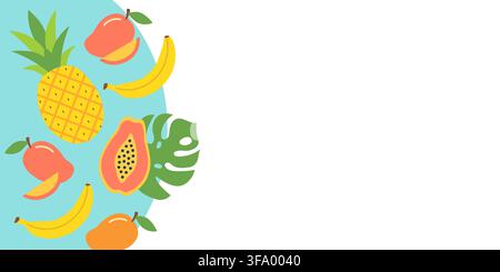 A banner featuring exotic tropical fruits—pineapple, mango, banana, papaya, and a palm leaf. A flat-design background suitable for banners. Stock Vector