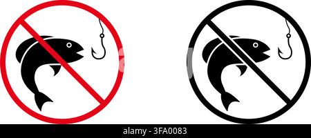 No Fishing Prohibition Sign Icon Set. Forbidden Fishing Warning And Restriction Symbol Collection. Stop And Ban Notice. Isolated Vector Illustration Stock Vector