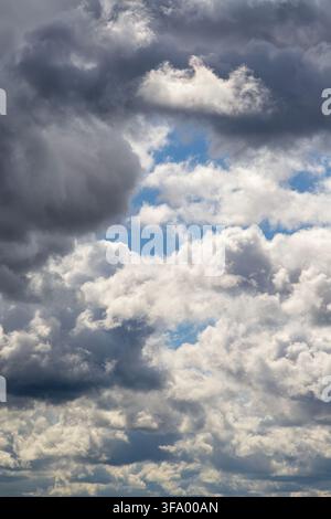 Vertical skyscape with dramatic dark storm clouds and bright white cumulus against blue openings. Stock Photo