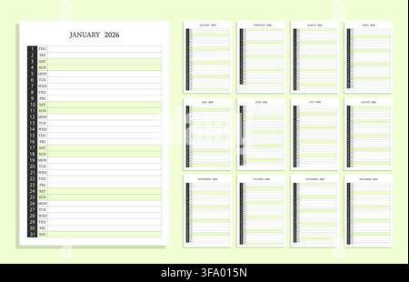 2026 planner or calendar template with lined table for daily notes and schedule. Minimalist vertical layout with color highlights for weekends. Stock Vector