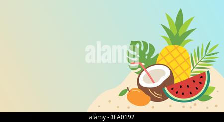 Tropical fruit assortment with pineapple coconut watermelon and mango on sandy beach. Summer vacation background with exotic food and palm leaf. Stock Vector