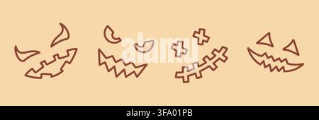 Halloween Pumpkin Faces Line Icon Set. Spooky Jack-O-Lantern Expressions Outline Symbol Collection. Festive Decoration, Scary Faces, Holiday Theme Stock Vector